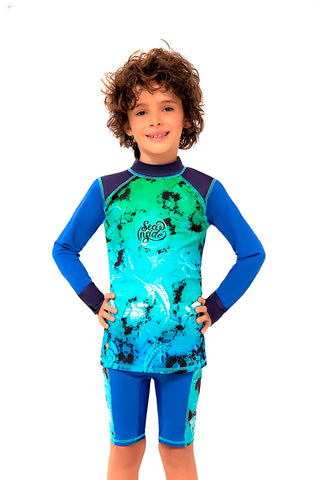 Vestido de baño dos piezas manga corta para niño con estampado shark zone / Ref 711